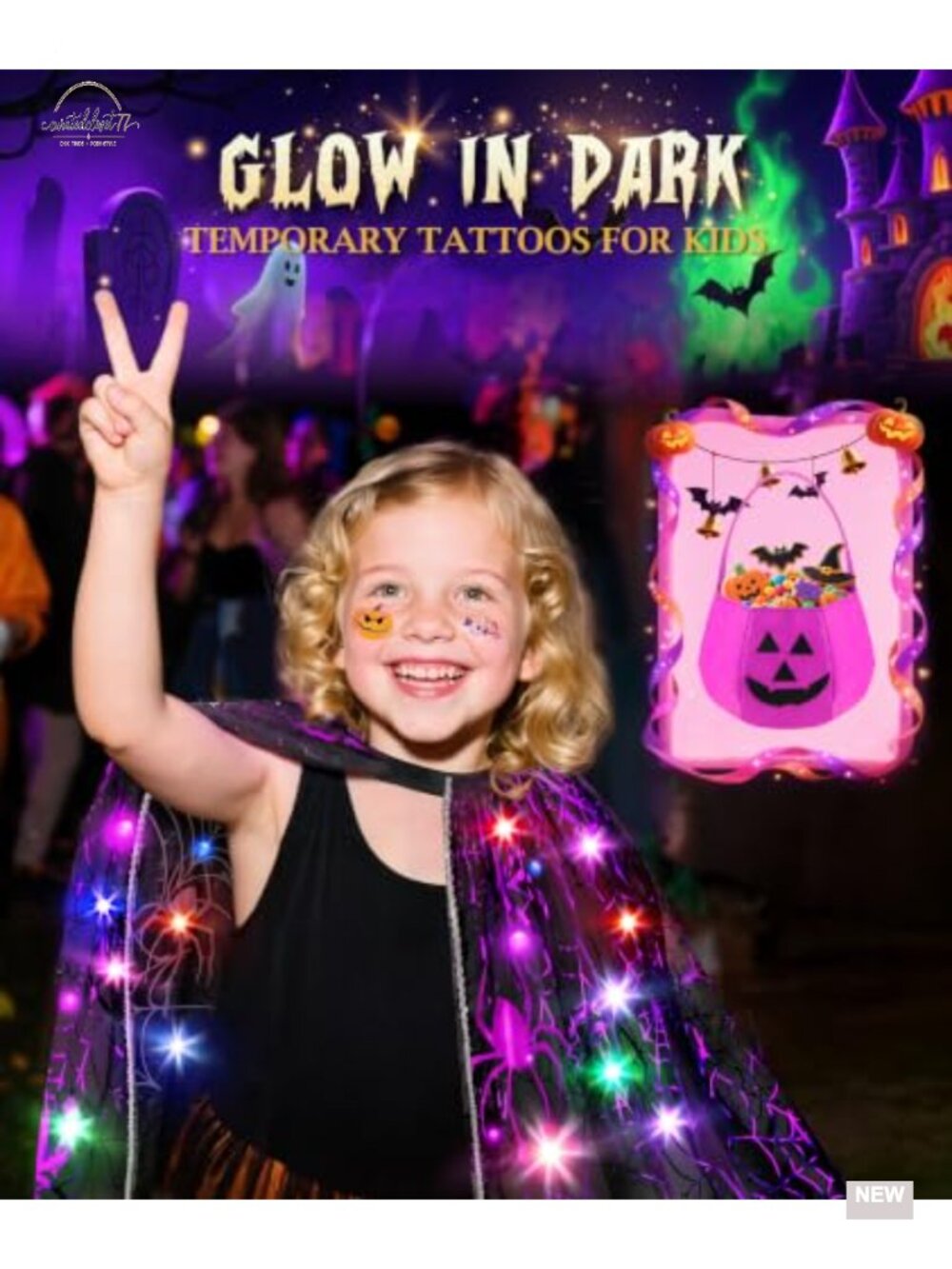 Girls Light Up Witch Cape Halloween Costume Set with Trick or Treat Bag - Picture 2 of 6
